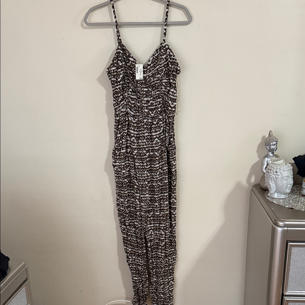 Aeropostale Brown and White Printed Spaghetti-Strap Jumpsuit